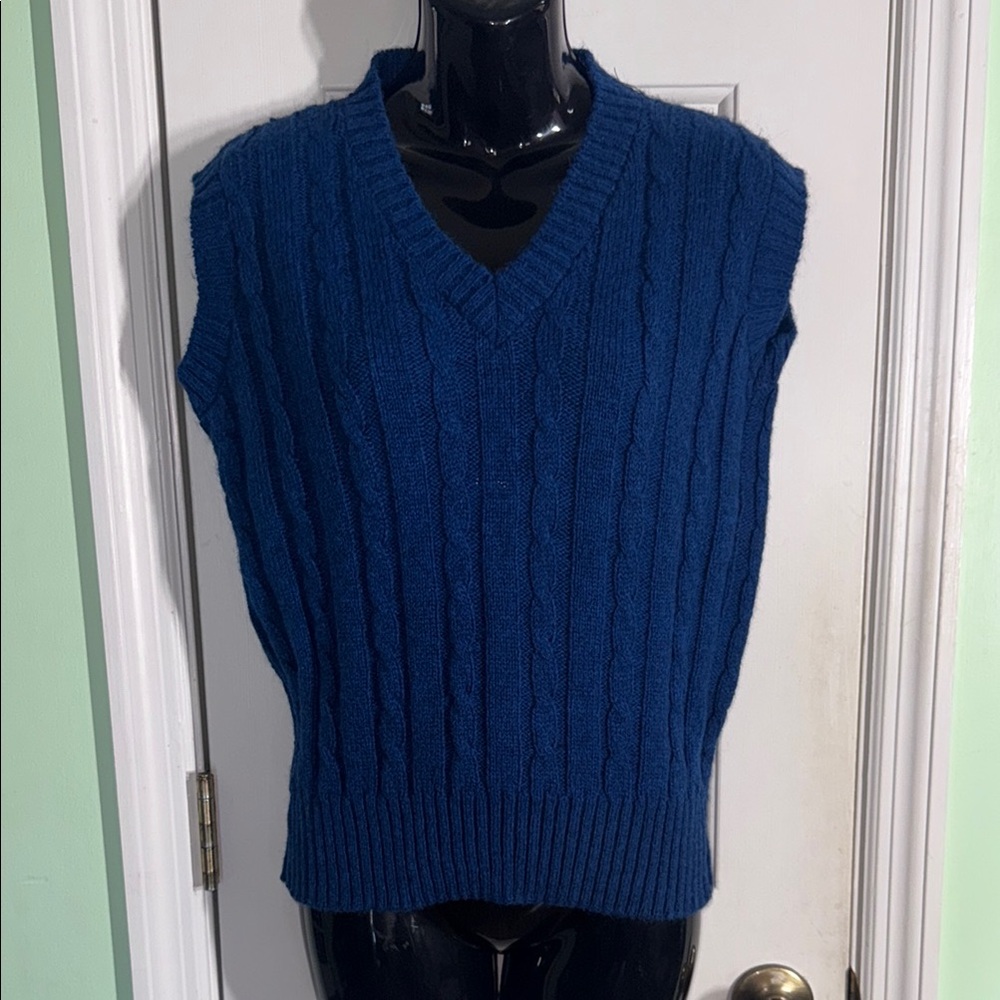 Jantzen Blue Vintage 70s Cable Knit Sleeveless Sweater Vest Layer Top Size Large